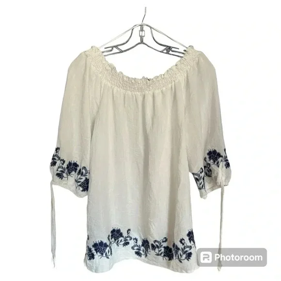 NY Collection Embroidered Elbow Sleeve Peasant Blouse in white, LARGE - Picture 2 of 7